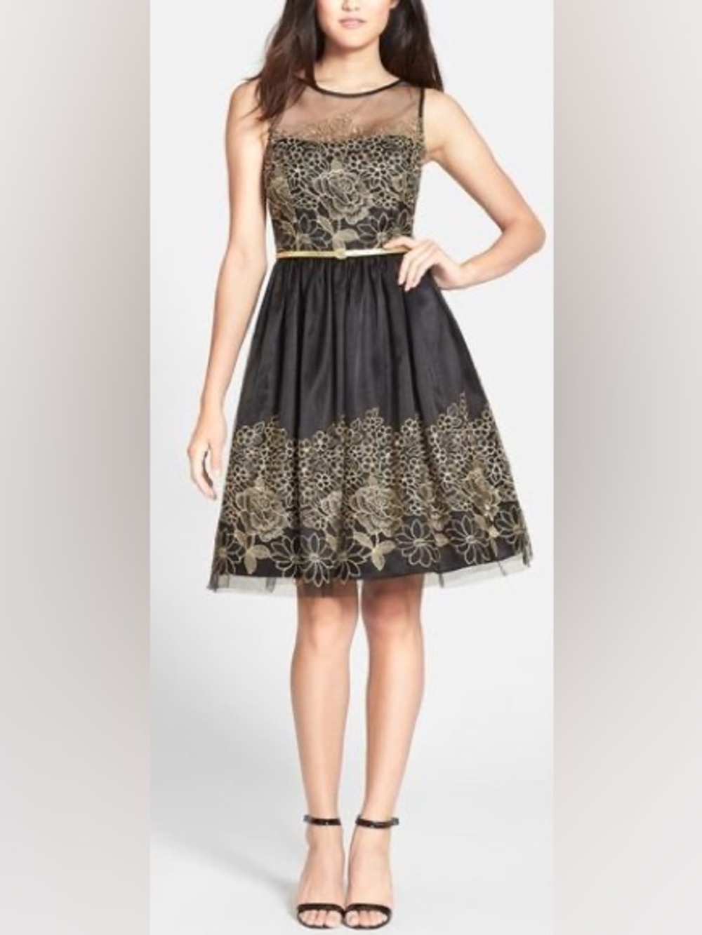 Eliza J Black Midi Dress with Gold Floral Embroidery